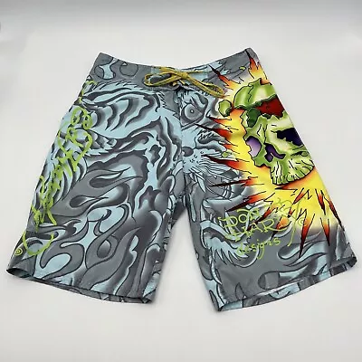 Y2K Mens Ed Hardy Swimming Trunks Dragon Skull Surf Or Die AOP Baby Blue Size 32 • $49.99