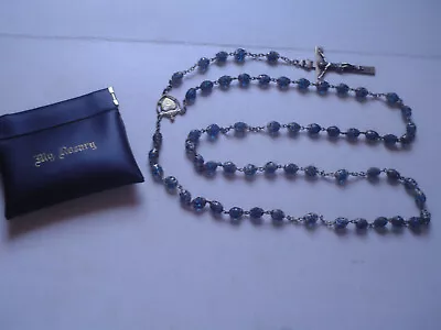 Vintage Rosary Silver Tone Capped Glass Aqua Blue Beads Christian. Nice Shape. • $15