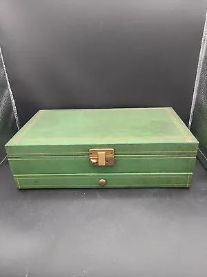 Vintage Green Mele Jewelry Box Gold Velvet Interior Gold Accents 15x8.25 X4 • $32