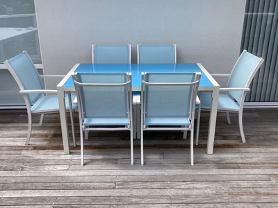 $99 • Buy Outdoor Dining Setting 7 Piece White & Blue - Glass Top - Excellent Condition