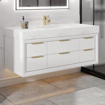 Glam 48  Modern Floating White Rubberwood Bathroom Vanity Cabinet With Lights • $1187.49