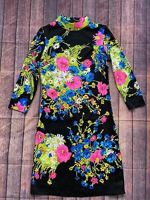 Vintage 60/70’s Mr Dino New York Mini Dress Neon Floral Women Size 10 • $135