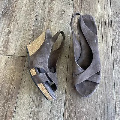 Ugg Australia Hazel Brown Suede Cork Wedge Sandals Size 8 • $35