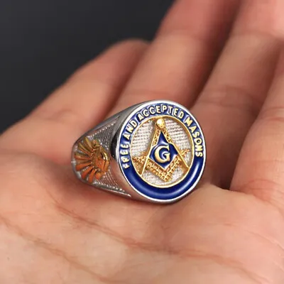Stainless Masonic Ring Freemason Accepted Men Blue Gold G Square Compass Eye US • $11.22