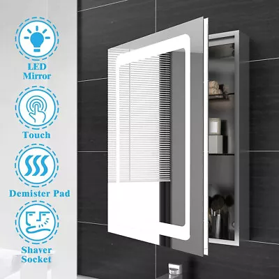 LED Illuminated Bathroom Mirror Cabinet With Demister Shaver Socket Wall Mounted • £115.90