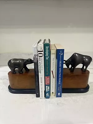 Wall Street Bull And Bear Bookends Metal  With Burl Wood Base (#CENN) • $60