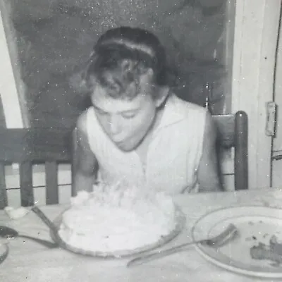 Vintage Black And White Photo Girl Blowing Out Candles Birthday Cake Table Party • $6.69