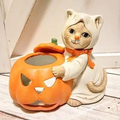 VTG Ceramic Jack-O- Lantern & Cat In Ghost Sheet Votive Candle Holder Halloween  • $12.99