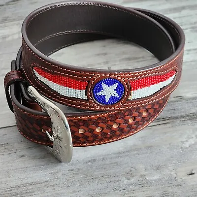 Western Rodeo Tooled Leather TEXAS Color Beaded Belt Basket Weave Billet Size 36 • $29.88