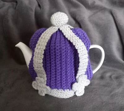£11.99 • Buy King Coronation Crown Tea Cosy Handmade Crocheted In Purple And Silver Grey