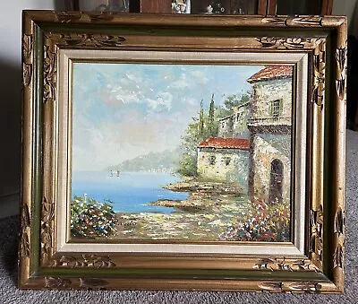 Vintage Mediterranean Seascape Oil Painting On Canvas Ornate Wood Frame • $125