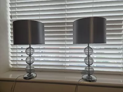 Pair Crackle Glass Tall Table Lamps  X2 Silver - Grey Shades • £55