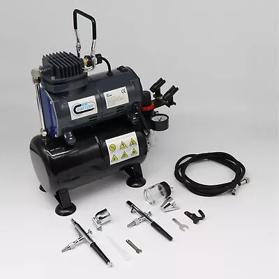 Switzer Double Action Airbrush Kit + Compressor With Tank AS186 Paint Nail Tatoo • £92.99