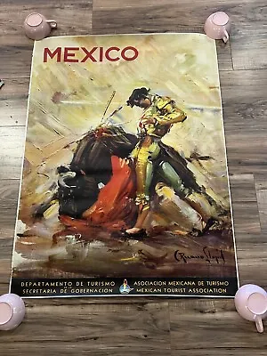 Original Vintage Mexico Travel Advertisement Poster Mexican Tourist BULL FIGHTER • $599.95