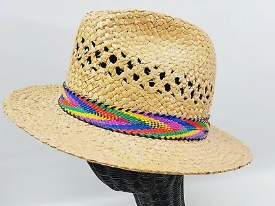 Vintage Straw Hat Multicolor Woven Band Men Women Unisex Beach Panama Style Hat  • $13.43