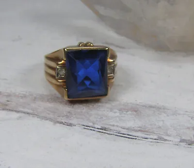 Vintage Art Deco Mens Blue Spinel 10K Yellow Gold Ring 9.25 • $425