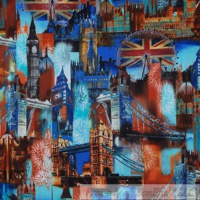BonEful Fabric FQ Cotton Quilt London British Flag City Night Light Ferris Wheel • $6.47