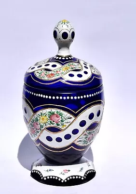 Large Heavy Bristol Blue & Hand Enamelled Bonbonniere / Vase & Cover (25.7cm) • $149.99