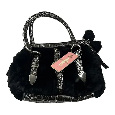 Paris Hilton Black Purse Handbag Faux Fur Pink Lining Inner Pockets READ • $8.50