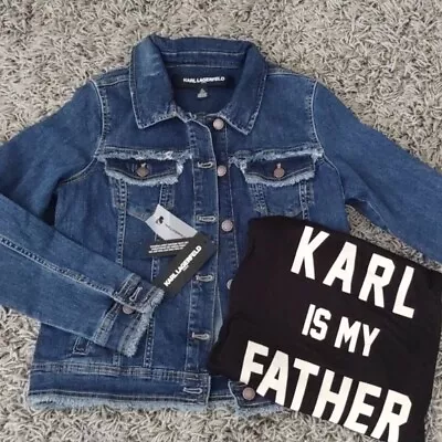 Karl Lagerfeld NEW Distressed Frayed Stretch Denim Jean Jacket Womens Small HOT  • $79