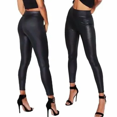 £7.99 • Buy Ladies Black Faux Leather Leggings Wet Look Shiny Stretchy High Waist UK 8-26