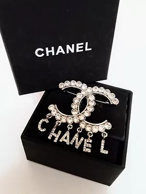 Chanel Lettering CC Logo Crystal White Gold Plated Brooch- 23A Made In France  • $408