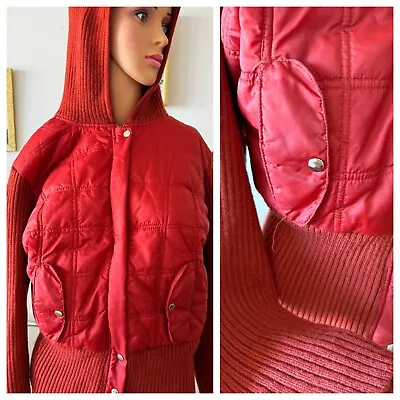 Vintage 70s Rust Orange Hooded Puffer Ribbed Knit Ski Jacket L XL • $33