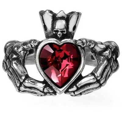 Alchemy Gothic Claddagh By Night Skeleton Hands Red Heart Crystal Ring Love R210 • $30.95