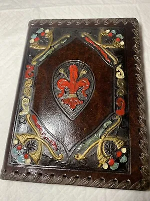 VTG Tooled Leather Italy Address Notepad Pen Holder Fruit Urns Fleur De Lis EUC • $15.98