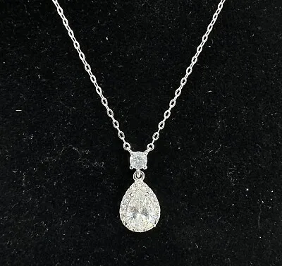 Nadri Pear Cut Cubic Zirconia Halo Pendant Necklace Silver Tone Retail: $59 • $23.99