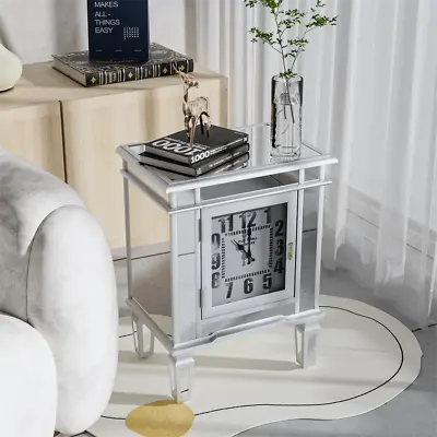 Mirrored Nightstand With Clock Display & 1 Door Cabinet Modern End Side Table • $125.90