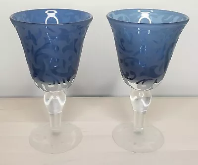 Michael Weems Signed 2003 Blue Frosted Glass Glasses Water Goblet Wine Pair Set • $132.99