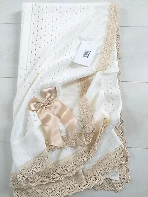 £19.99 • Buy Romany Spanish Baby Blanket Cream With Beige Lace And Bow