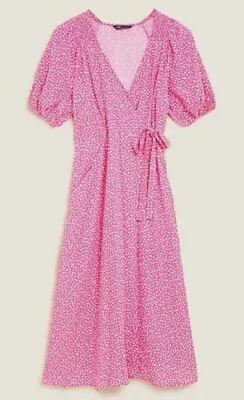 BNWT M&S Ditsy Heart Print Wrap MIDI DRESS Pockets Pink White 14 L RRP £39 • £16.49