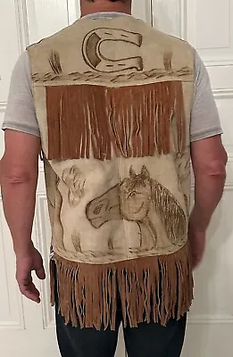 Vintage Western Horse Pyrography Artist Handmade Suede Fringe Vest Men L Unisex • $70