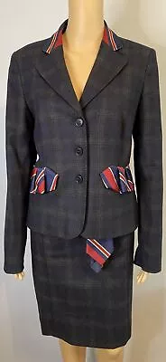 LOVE MOSCHINO Grey Blue Plaid Skirt Suit Red & Blue Stripe Tie Trim & Belt SZ 8 • $170