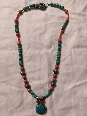 Vintage 925 Sterling Silver Genuine Turquoise & Coral Toggle Necklace • $9.99