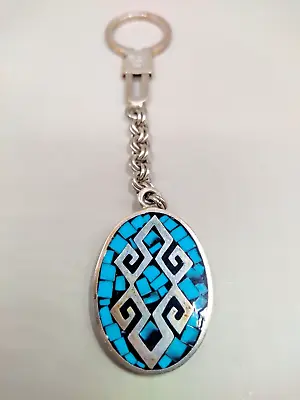 Vintage MEXICO 925 STERLING SILVER Turquoise Malachite Double Sided KEY RING • $39.99