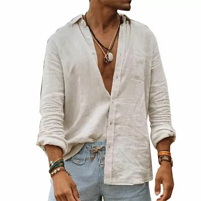 Mens Casual Cotton Linen Shirt Long Sleeve Loose Blouse Button Down Shirts Tops. • $16.99