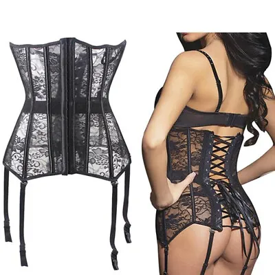 Woman Lace Up Sheer Overbust Corset Bustier Top Lingerie Cincher SteamPunk S-3XL • $19.99