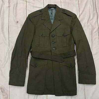 Men's Military Olive Green 32 Belted Shoulder Epaulet Vintage Jacket Serge Coat • $45