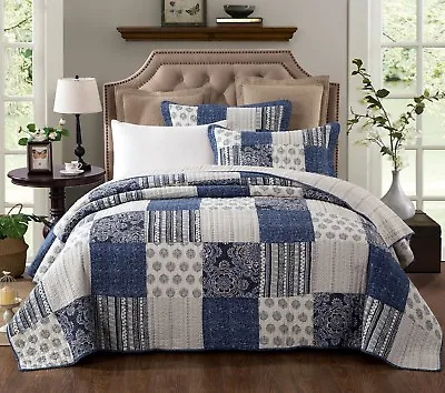 $144.99 • Buy DaDa Bedding Cotton Bohemian Denim Blue Farmhouse Patchwork Floral Bedspread Set