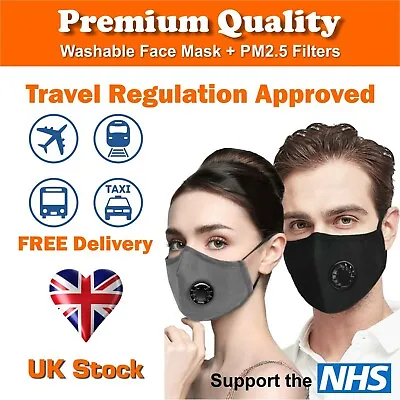 Face Mask Washable Reusable Cotton Fabric  With Respirator & X2 PM 2.5 Filters • £4.99