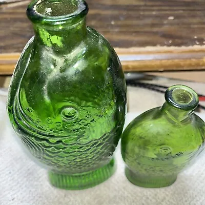 2 Vintage Wheaton Green Glass Fish Bottle Dr. Fisch's Bitters 7.5   & 5  NJ • $5.99