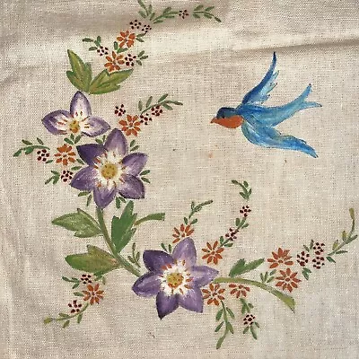 Hand Painted Linen Table Cloth Birds Flowers Vintage 39x33 Rectangle • $50