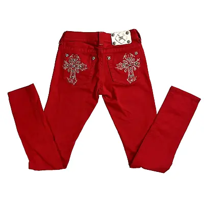 Miss Me Jeans Womens Size 25 Skinny Red Thick Stitch Rhinestone Pocket Cross • $21.95