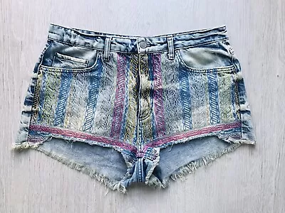 £22.50 • Buy Topshop Moto Embroidered Shorts Tribal Ethnic Mid Rise Acid Wash Cut Off UK 14