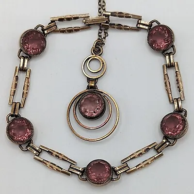 Vintage Art Deco Simmons Purple Glass Antiqued Gold Tone Necklace Bracelet Set • $99.99