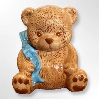 Vintage Brown Teddy Bear Cookie Jar Canister Baby Blue Bow Excellent Condition • $29.99