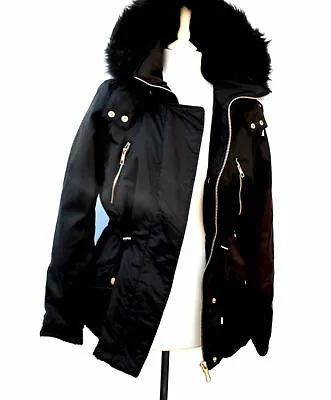 $121.97 • Buy  Zara Black Coat Jacket Anorak Raincoat Hood Faux Leather Sleeve Size L New